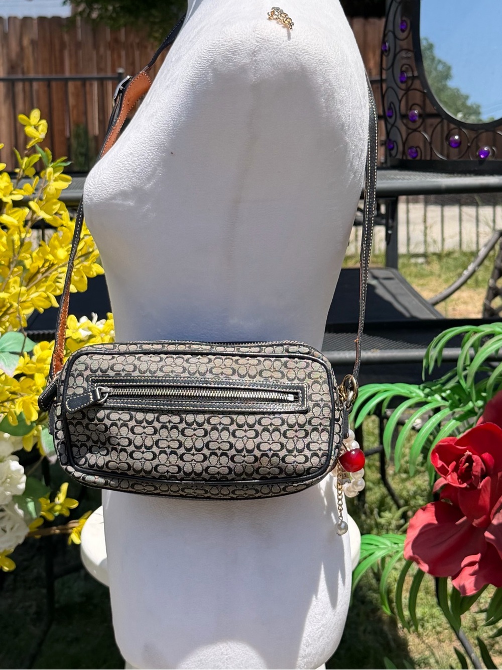 Coach Black/Khaki Signature Canvas Crossbody with Brown Strap - Picture 4 of 7